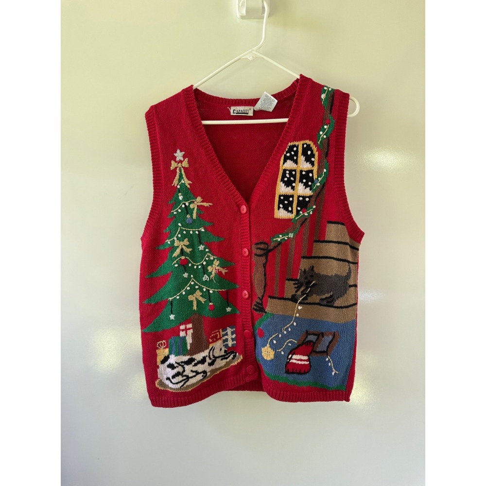 Capacity Vintage Christmas Sweater Vest Red Embroidery Holiday Cat Tree Large